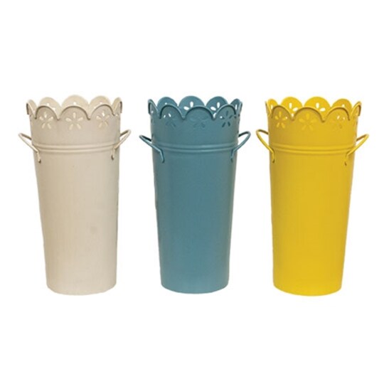 Slickblue; Metal Scalloped Flower Planter Tapered Lace Cutout Spring Decor Cream Teal Yellow- 3 Asstd.; Category:Spring Vases, Containers and Hangers; Image:1